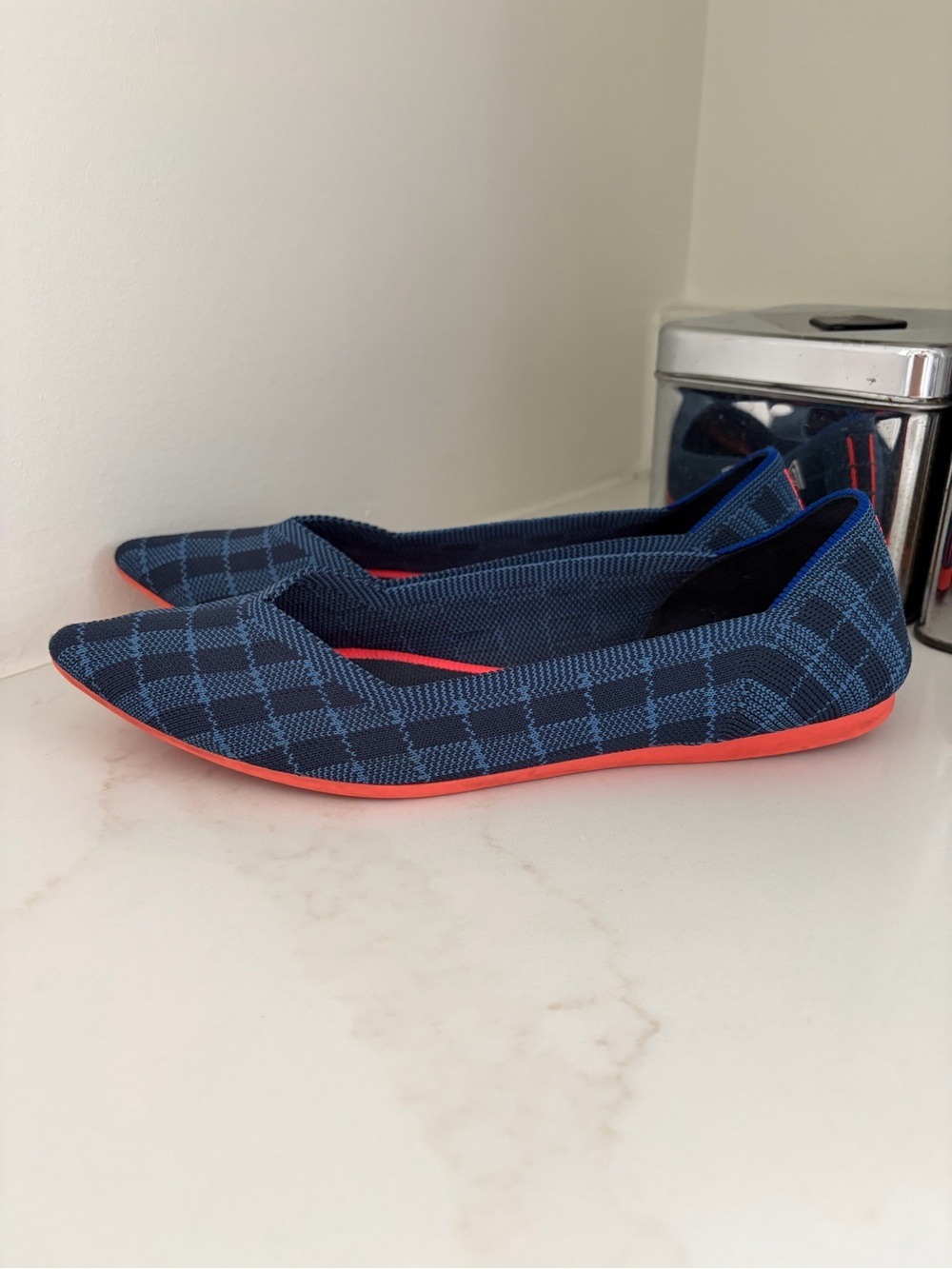 Rothy’s blue plaid pointed flats